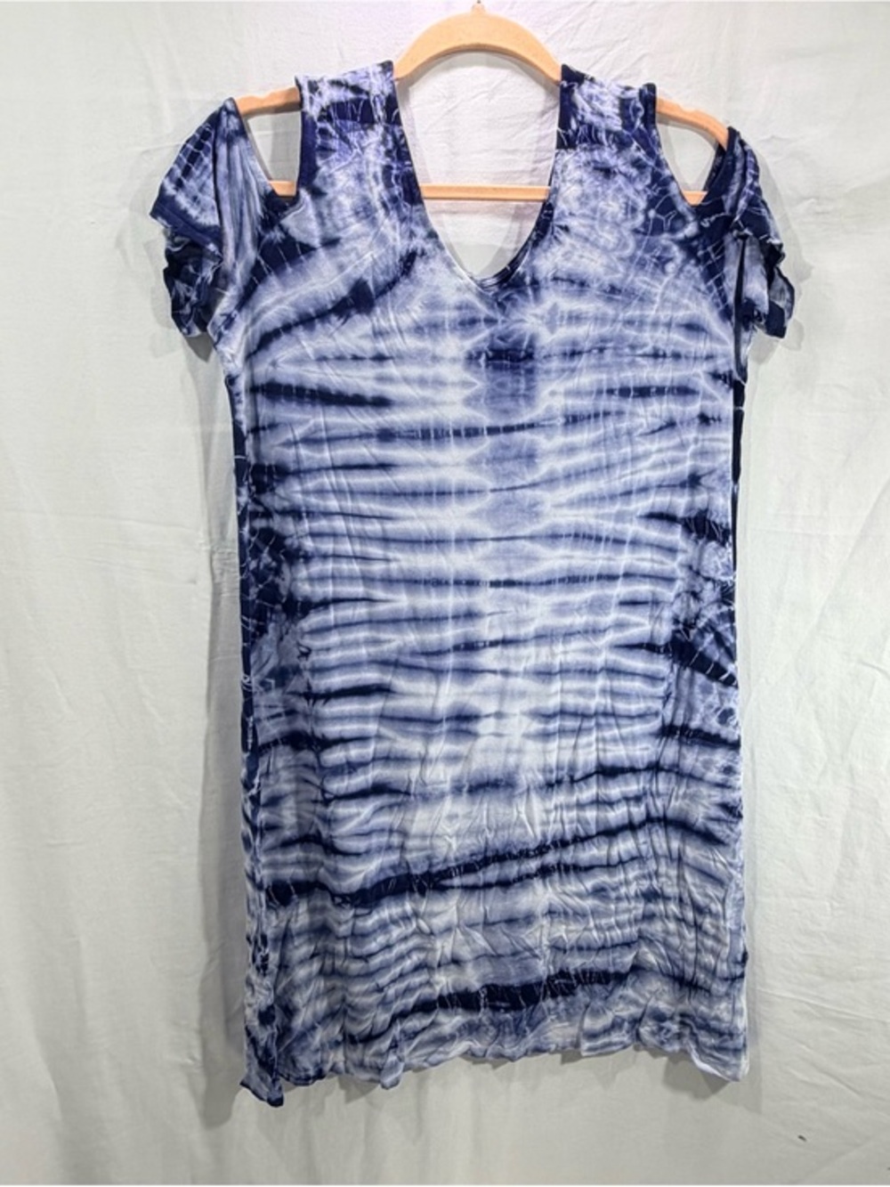 Sunday Navy and White Tie-Dye Cold-Shoulder Tunic